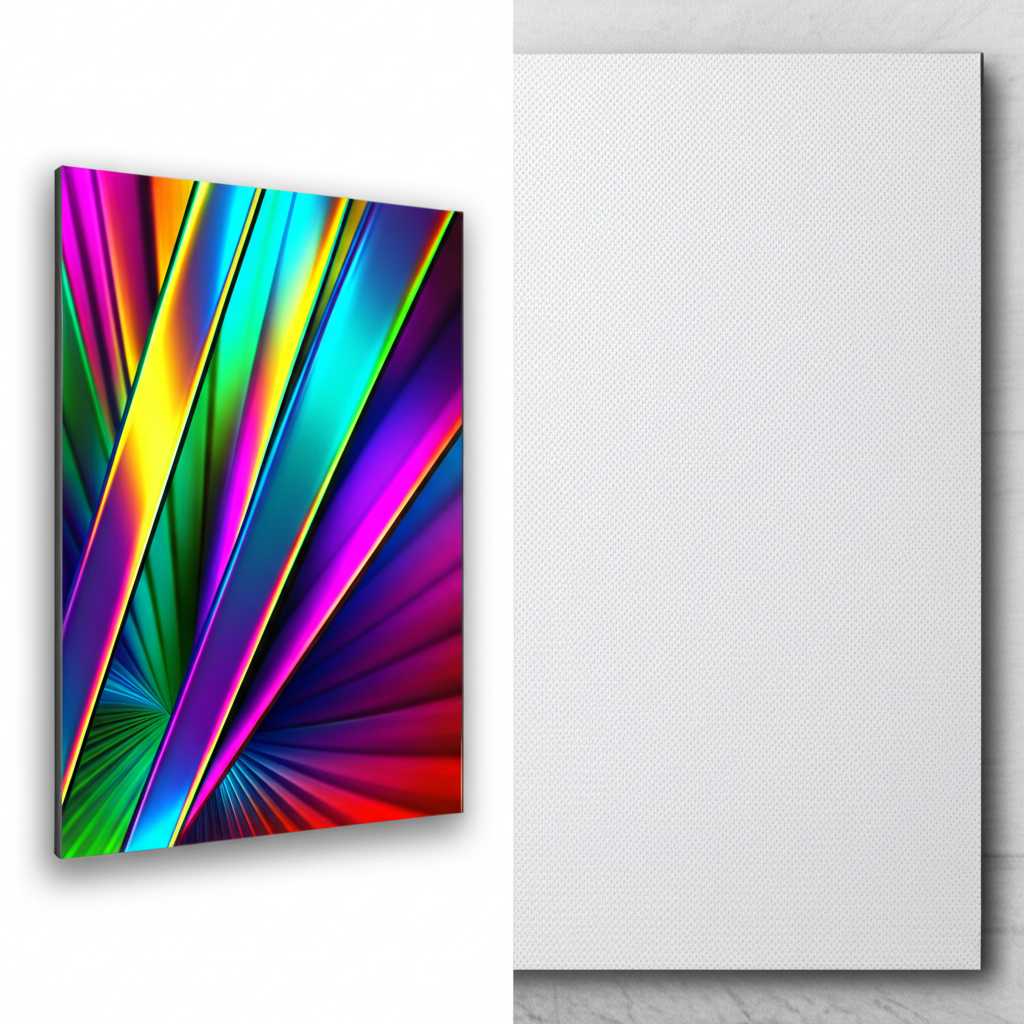 Side-by-side conceptual representation of a metal print and a canvas print showing abstract art.