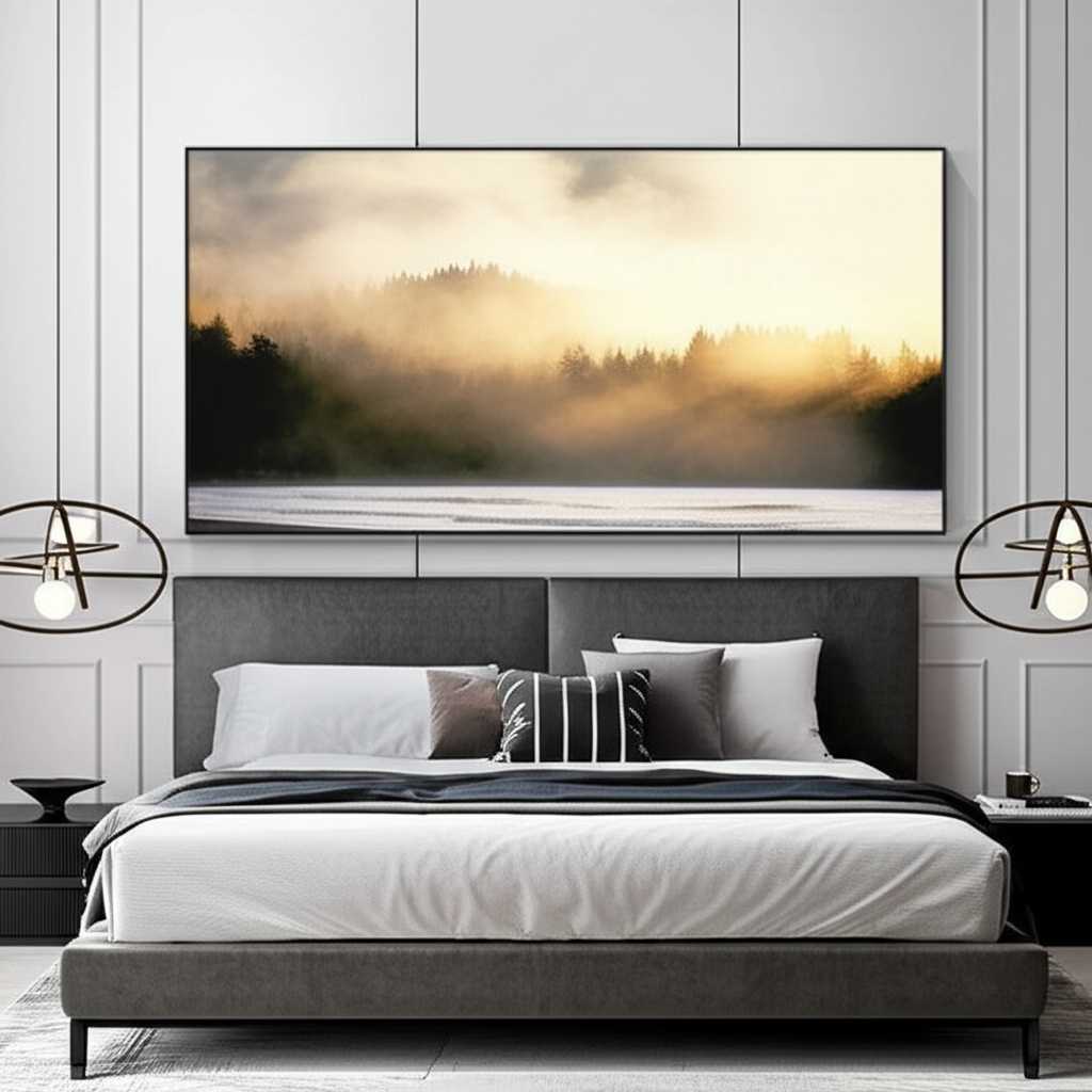 A tranquil master bedroom with a large, serene nature-themed metal print (e.g., misty forest or calm ocean) hung securely above the headboard. Soft, ambient lighting creates a peaceful mood.