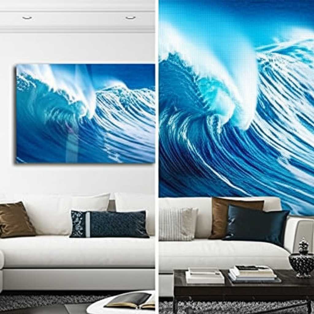 A conceptual image showing a split view of a room. On one side, a vibrant photo is printed on a sleek, glossy metal print. On the other side, the same photo is on a traditional canvas. The metal side is visibly sharper, more vibrant, and has a modern feel.