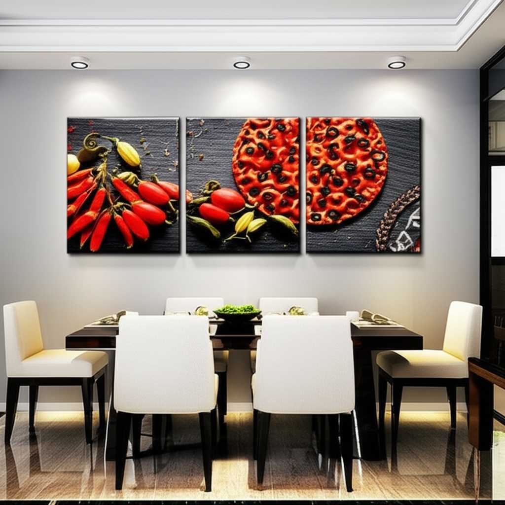 Stylish dining room with metal art