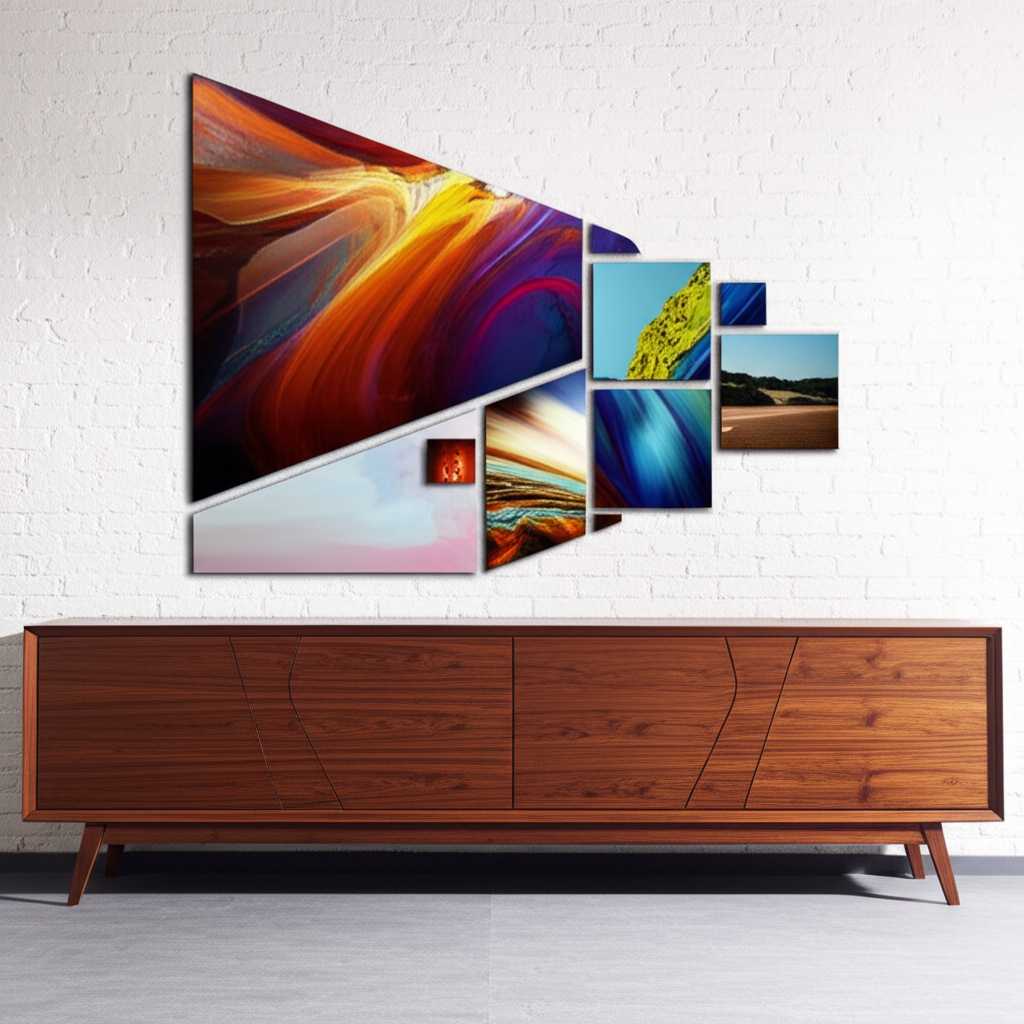 A dynamic, asymmetrical cluster of various-sized metal prints above a stylish, modern credenza.