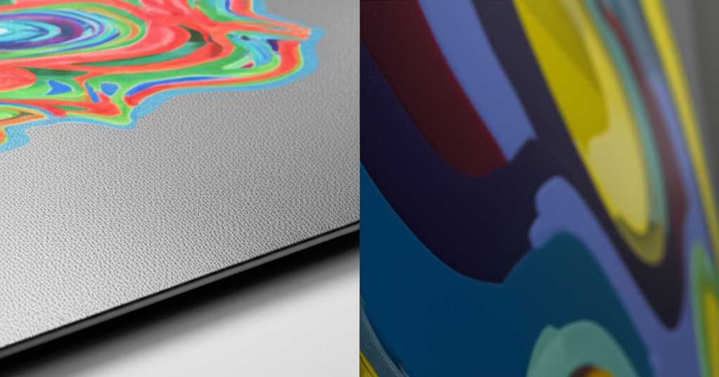 Close-up of light reflecting off two abstract wall art pieces, one seemingly metal, one seemingly acrylic, side-by-side, highlighting differences in surface texture and reflection.