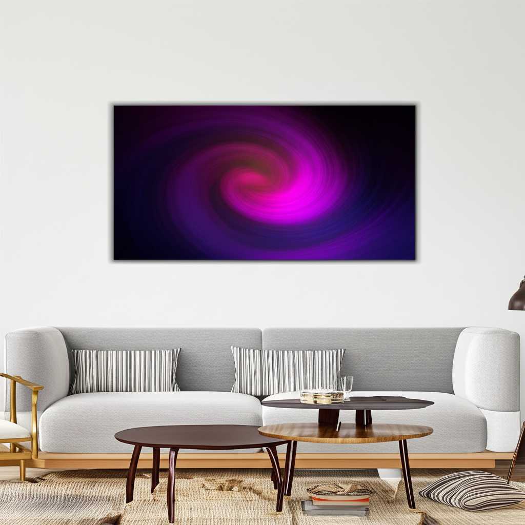 Stylish living room with a large, vibrant metal art print expertly hung above a modern sofa, creating a stunning focal point.
