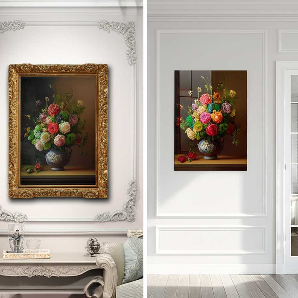 A split-image concept. The left side shows a traditional living room with a classic floral art piece on canvas in a heavy wood frame. The right side shows the same floral art on a sleek, frameless, glossy metal print in a modern, bright living room, where the colors appear visibly sharper and more vibrant.