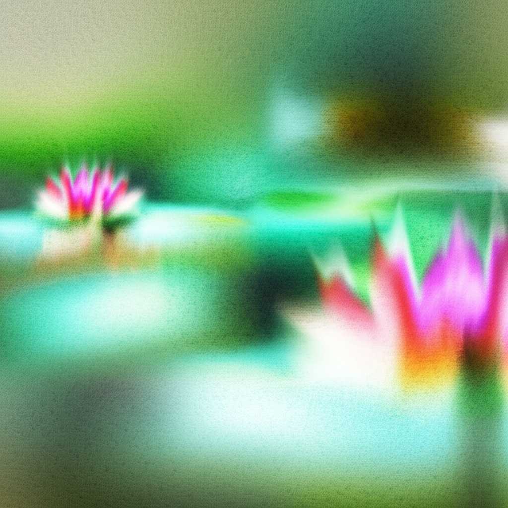 Abstract representation of light dancing on water, evoking Impressionist style with vibrant color splashes on a subtly reflective surface