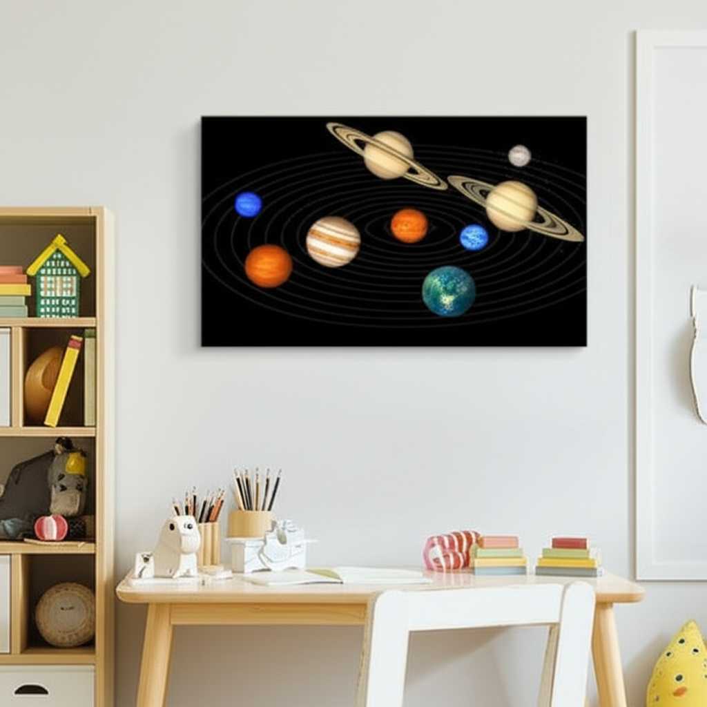 A tastefully decorated child's room with an educational solar system metal print hung safely on the wall.