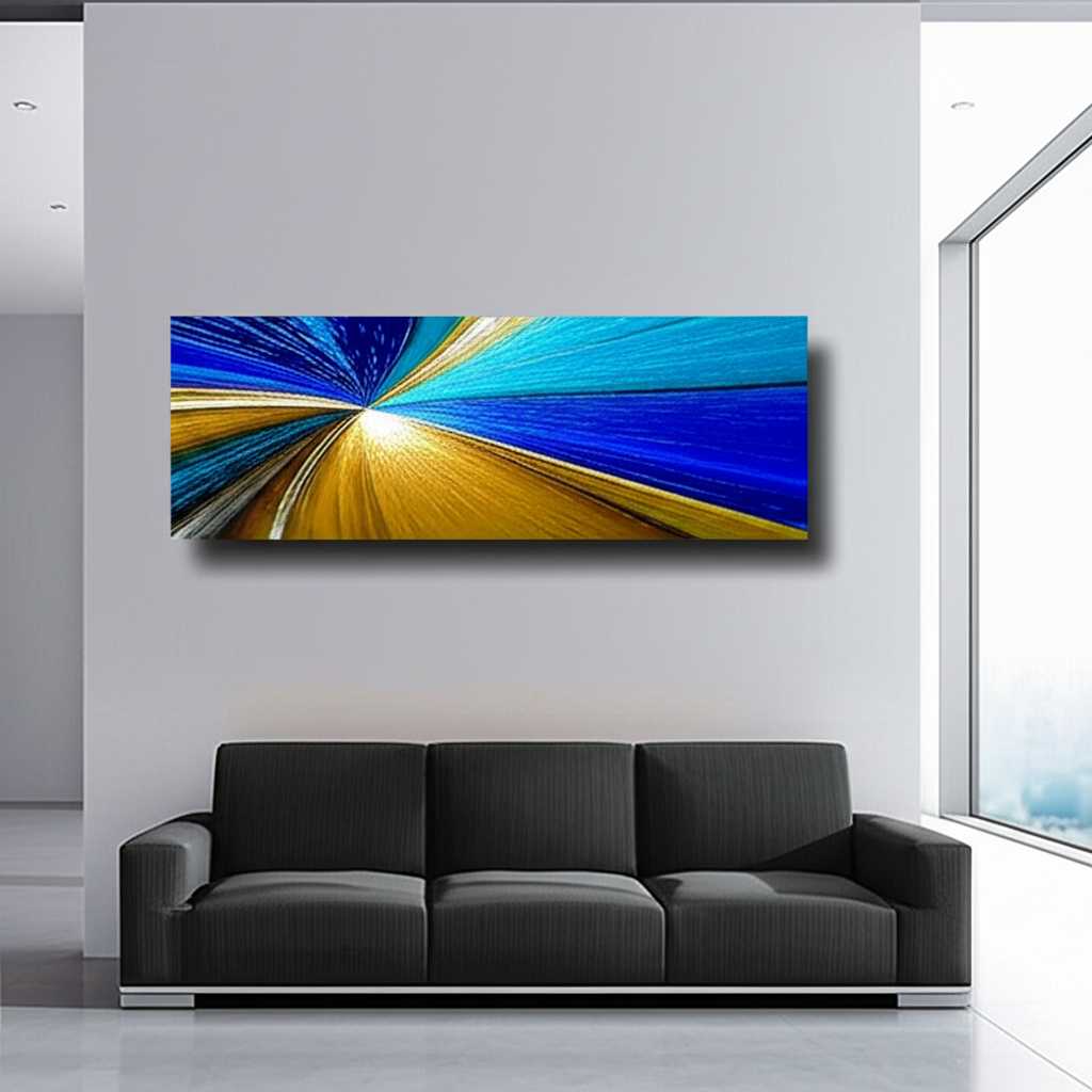 A beautifully balanced living room with a large piece of abstract metal art perfectly centered above a sleek, modern sofa. The lighting from a nearby window highlights the texture and glossy finish of the artwork.