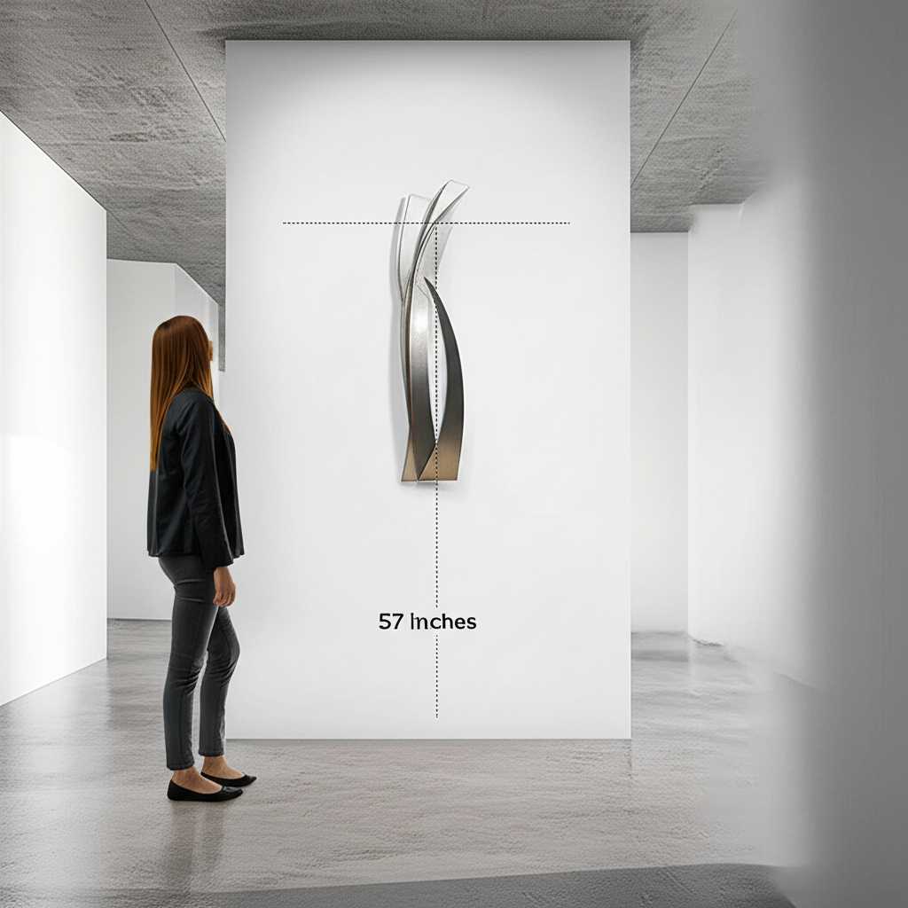 A side view of a person standing in a modern hallway, looking at a vertically oriented metal art print. A dotted line extends from their eyes to the exact center of the artwork, with a "57-inch" measurement indicated between the art's center and the floor.