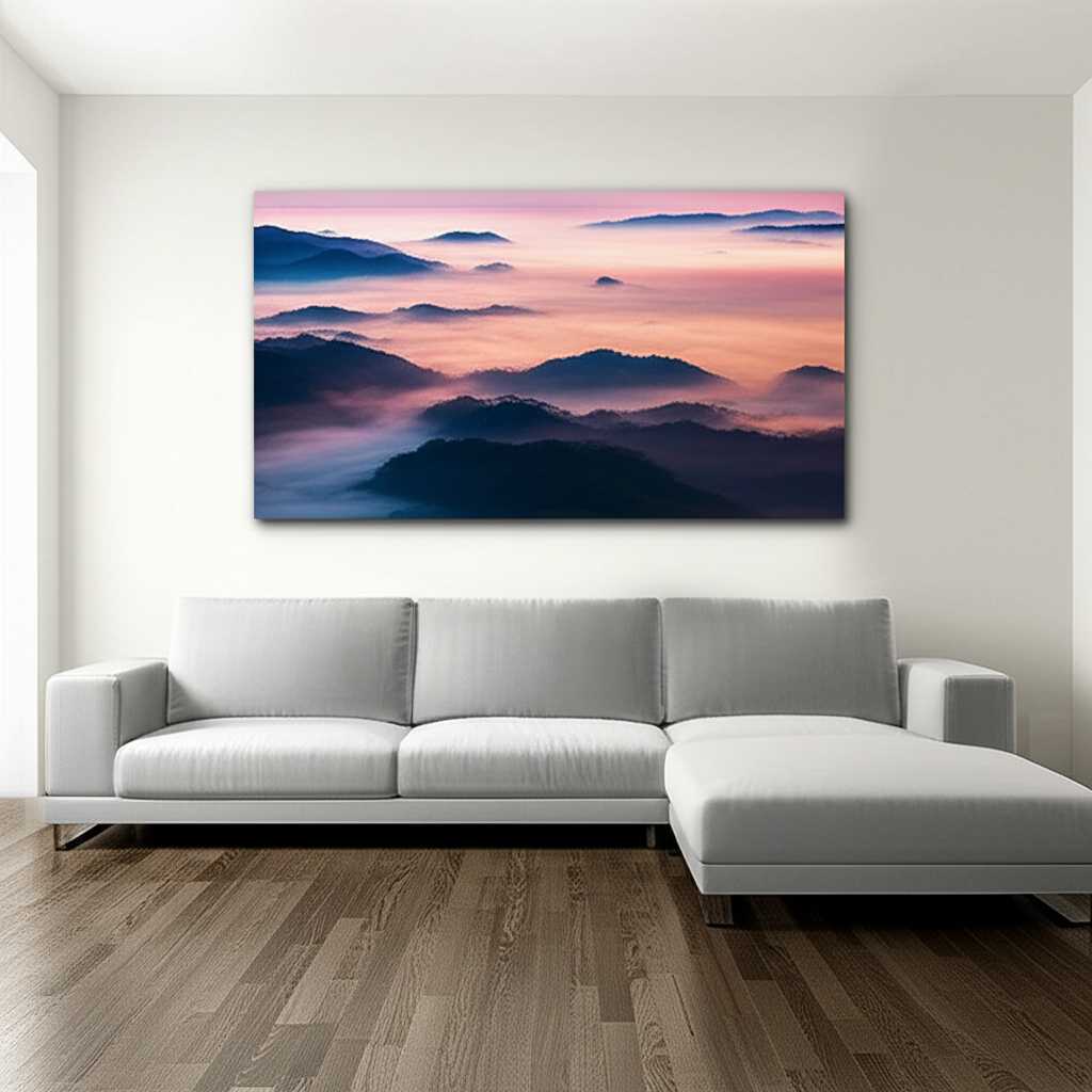 A chic and cozy living room with a large, horizontal nature landscape on a metal print hanging over a comfortable sectional sofa.