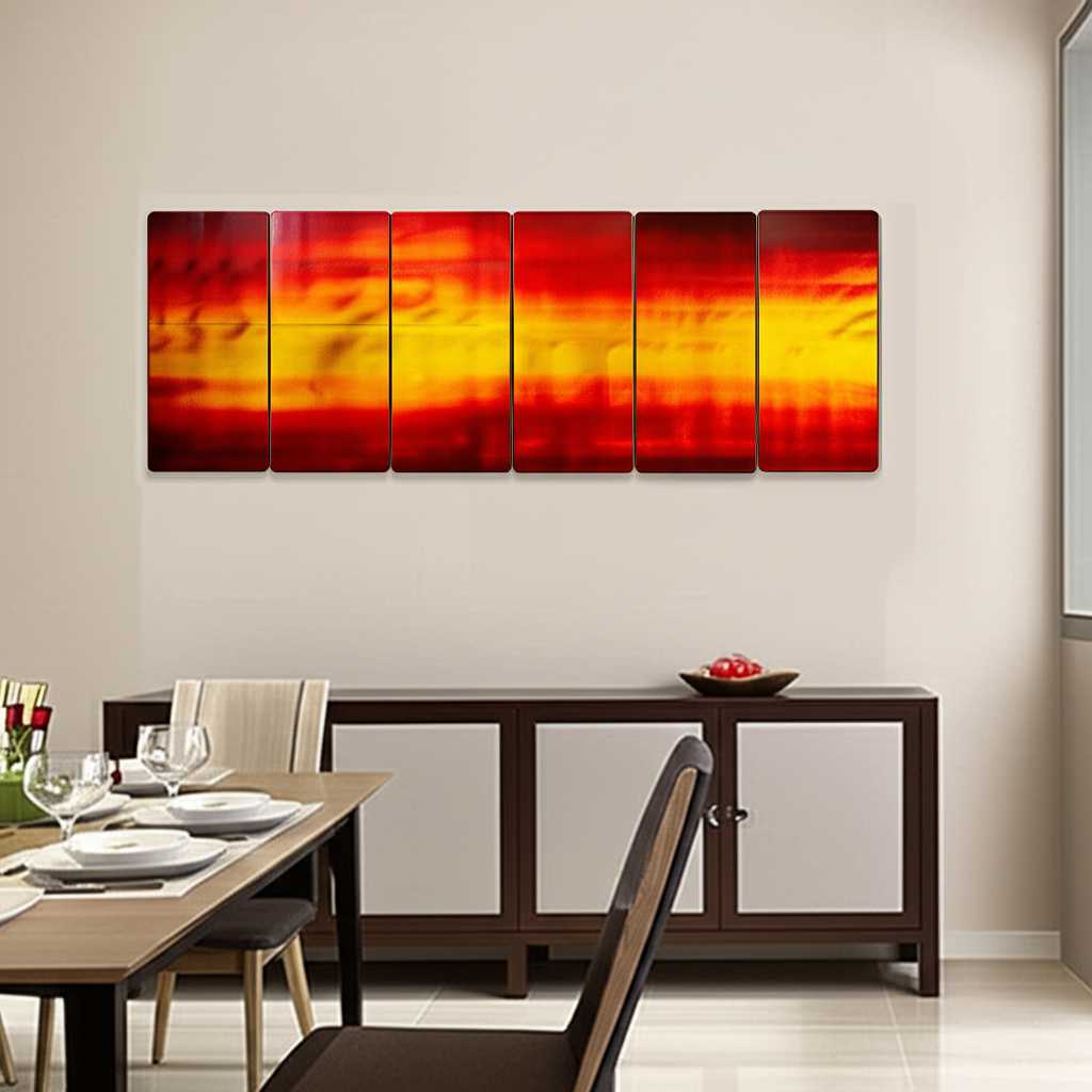 Vibrant warm-toned abstract metal art in a dining room setting