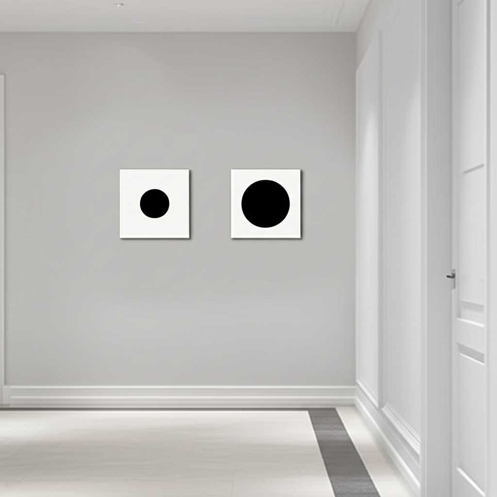 A gallery wall in a bright hallway featuring three metal prints depicting different stages of a minimalist art movement, from simple shapes to color fields.