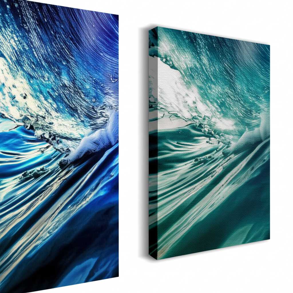 A split-screen style image showing a close-up of a vibrant, glossy metal print on the left and a traditional textured canvas print on the right, both displaying the same colorful abstract image to highlight the difference in vibrancy and finish.