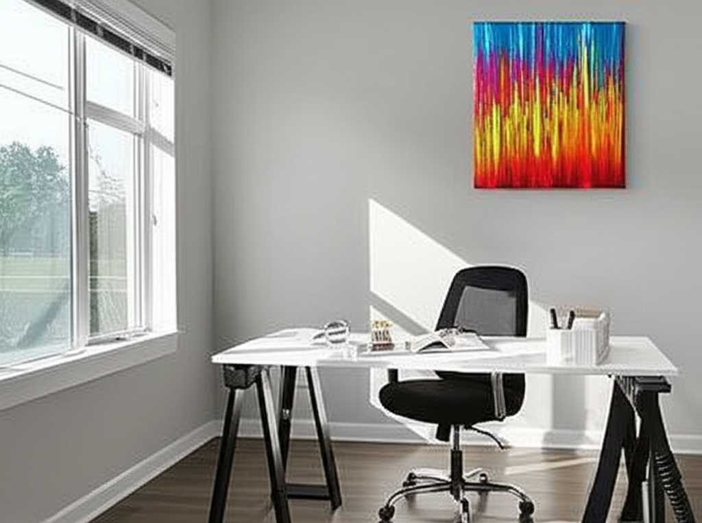 A modern and organized home office featuring an inspiring abstract metal art piece above the desk, with natural light from a window enhancing its colors.