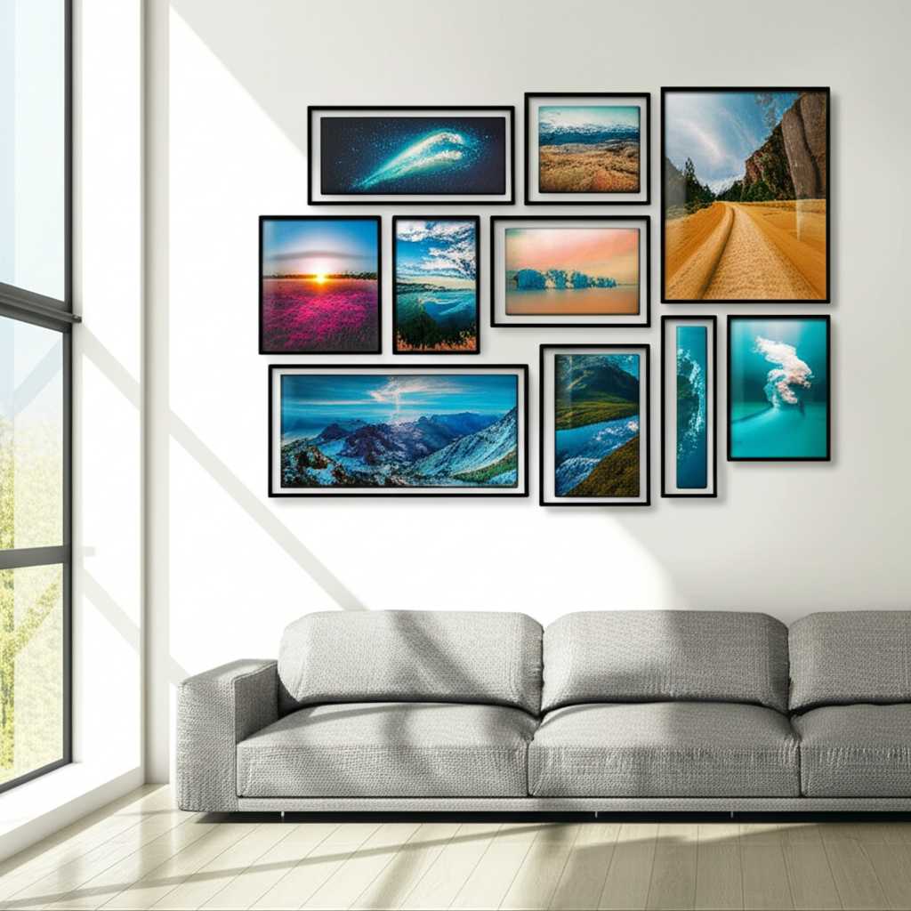 A stunning and sophisticated living room with a large, perfectly arranged gallery wall of metal art prints above a sleek, minimalist sofa. The lighting accentuates the vibrant colors and subtle sheen of the prints.