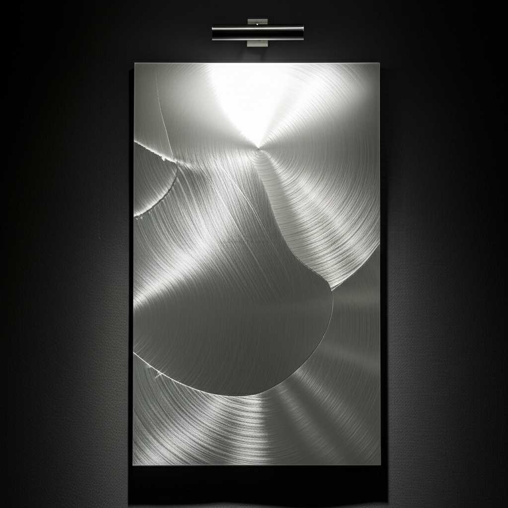 A metal art print on a wall illuminated by an elegant, modern picture light from above, highlighting its texture and glossy finish.