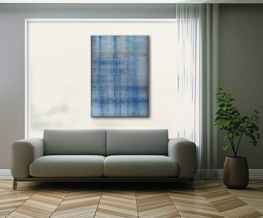 A serene minimalist living room bathed in soft morning light, with a single large abstract metal print with subtle texture hanging above a sleek sofa.