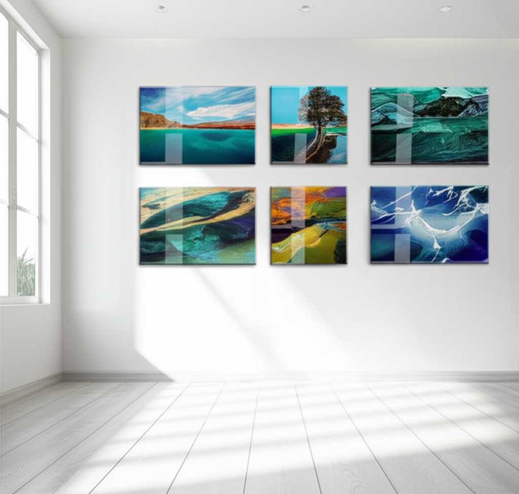 An inspiring, modern gallery wall in a minimalist, bright home, featuring various sizes of sleek metal prints displaying generic, abstract, and nature-themed art. The scene suggests innovation, elegance, and the future of art display.