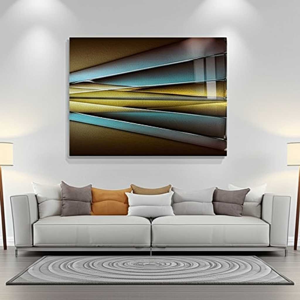 A modern living room with a large, vibrant abstract metal art piece as a focal point above a sleek sofa. Soft, natural light illuminates the room.