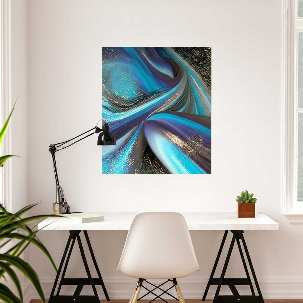 A stylish and organized home office with a comfortable ergonomic chair, a clean desk, and an inspiring metal print on the wall – perhaps a cityscape, an abstract geometric design, or a stunning nature photograph.