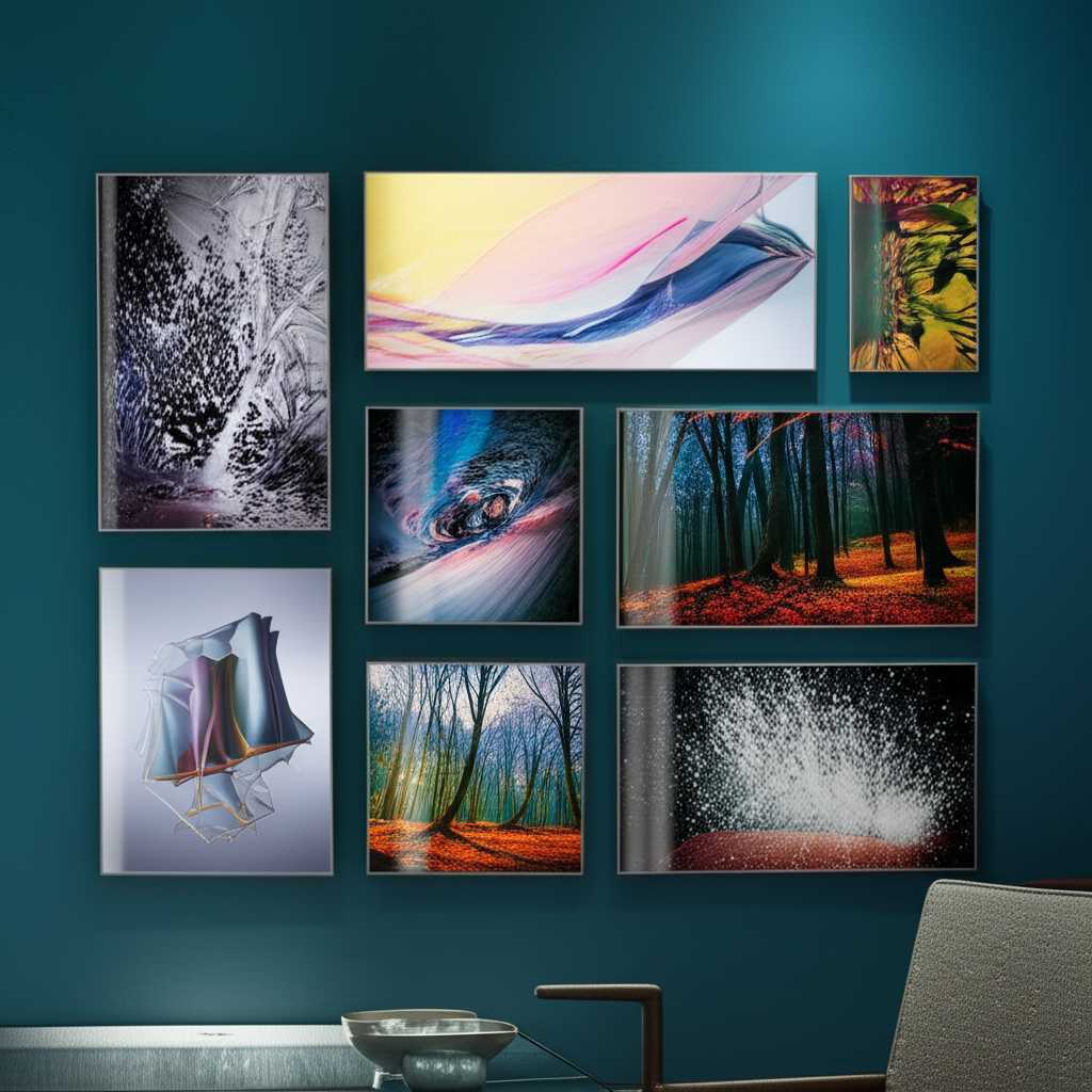 An eclectic gallery wall featuring various sizes of metal prints, artfully arranged on a dark accent wall.