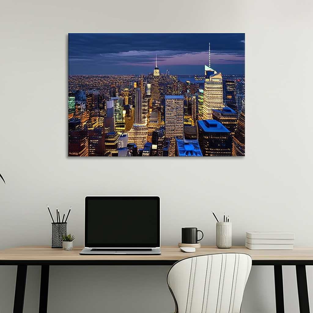 A sleek home office with an inspiring cityscape photograph printed on metal, positioned on the wall behind the desk.