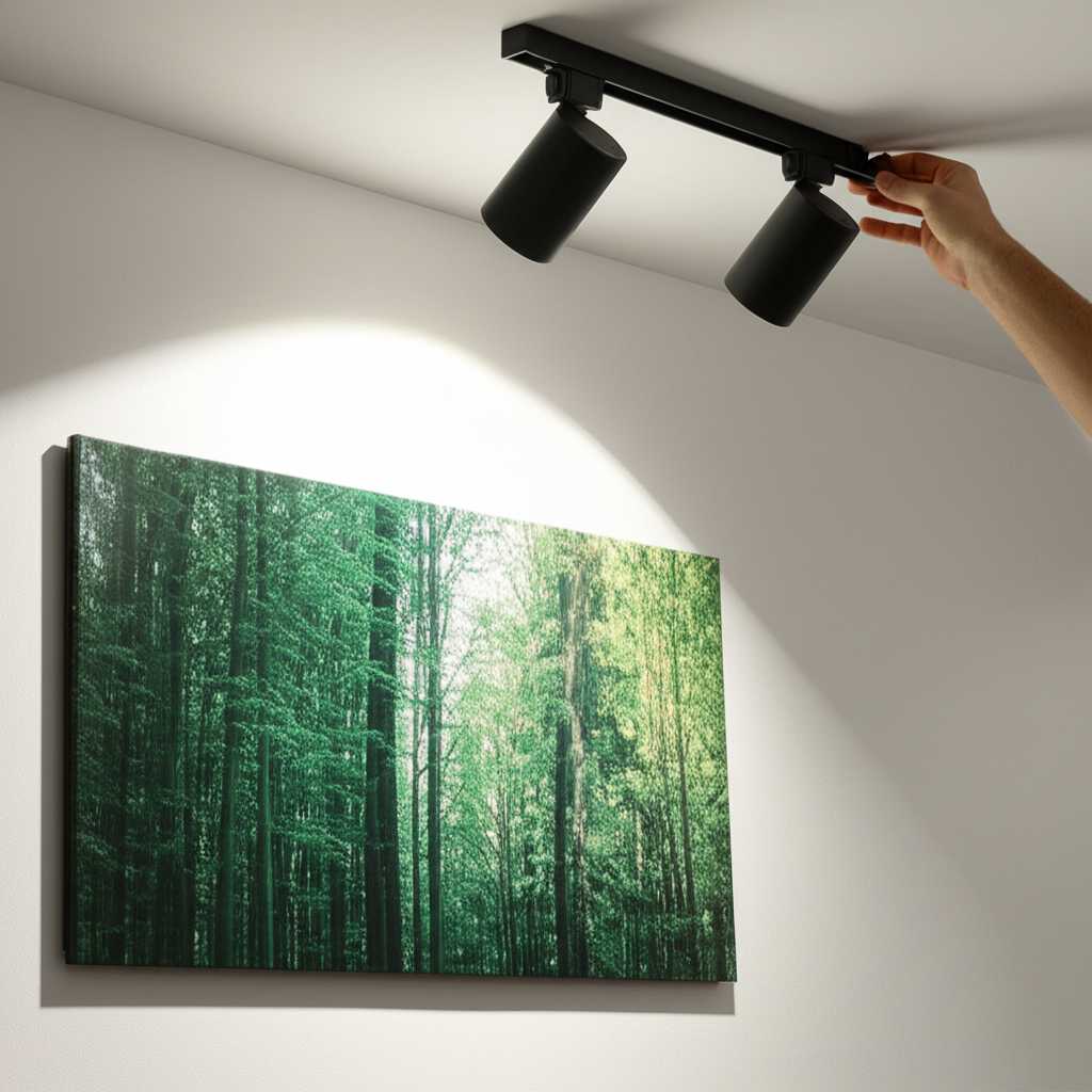 A hand adjusting a small, directional spotlight on the ceiling, pointing it towards a metal print of a forest scene on the wall. The light is angled to graze the surface of the art, highlighting the texture and making the colors pop.