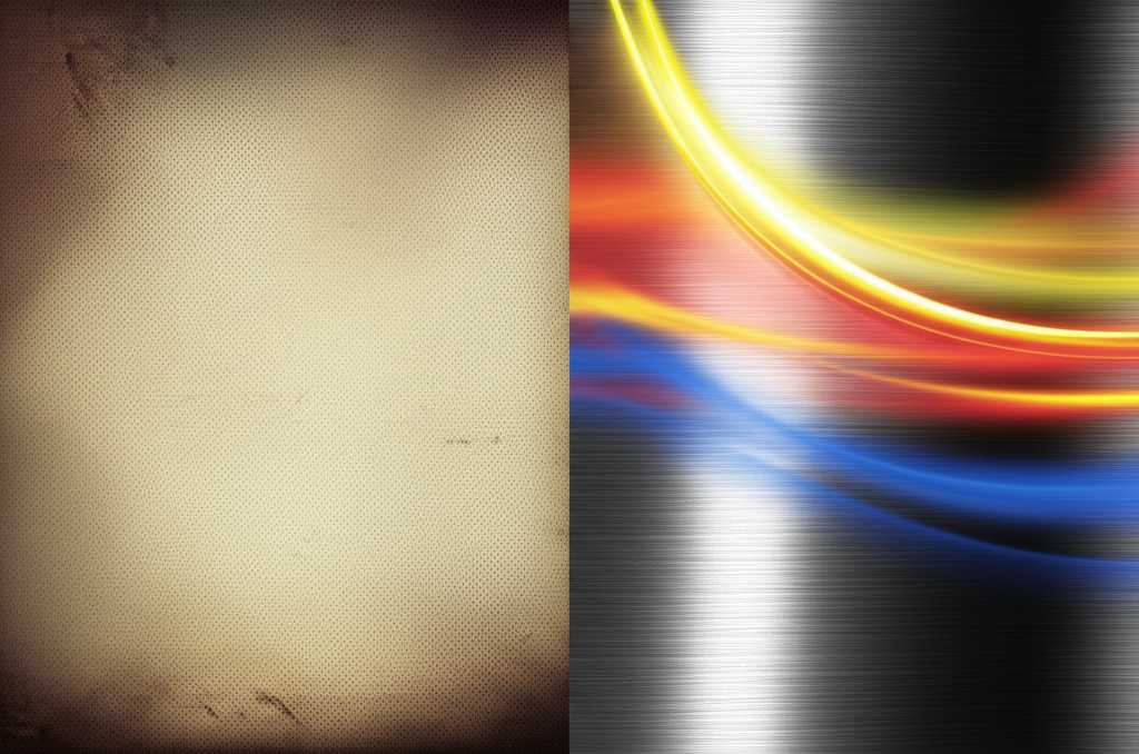 Vibrant abstract light patterns suggesting the brilliance of metal prints compared to the softer texture of canvas, displayed side-by-side conceptually.
