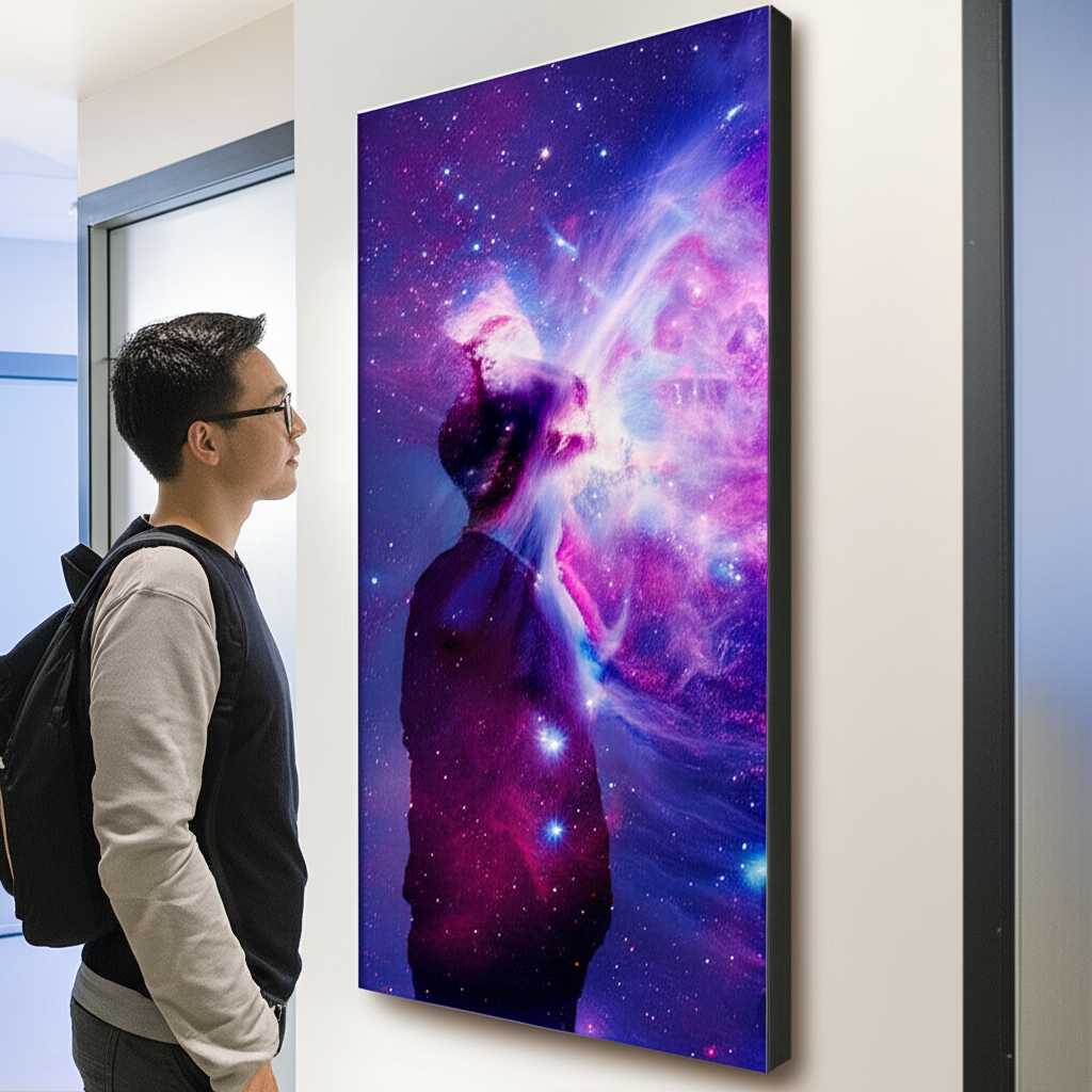 A person stands thoughtfully in their gallery-like hallway, observing a large metal art piece depicting an abstract nebula with incredible detail and color.