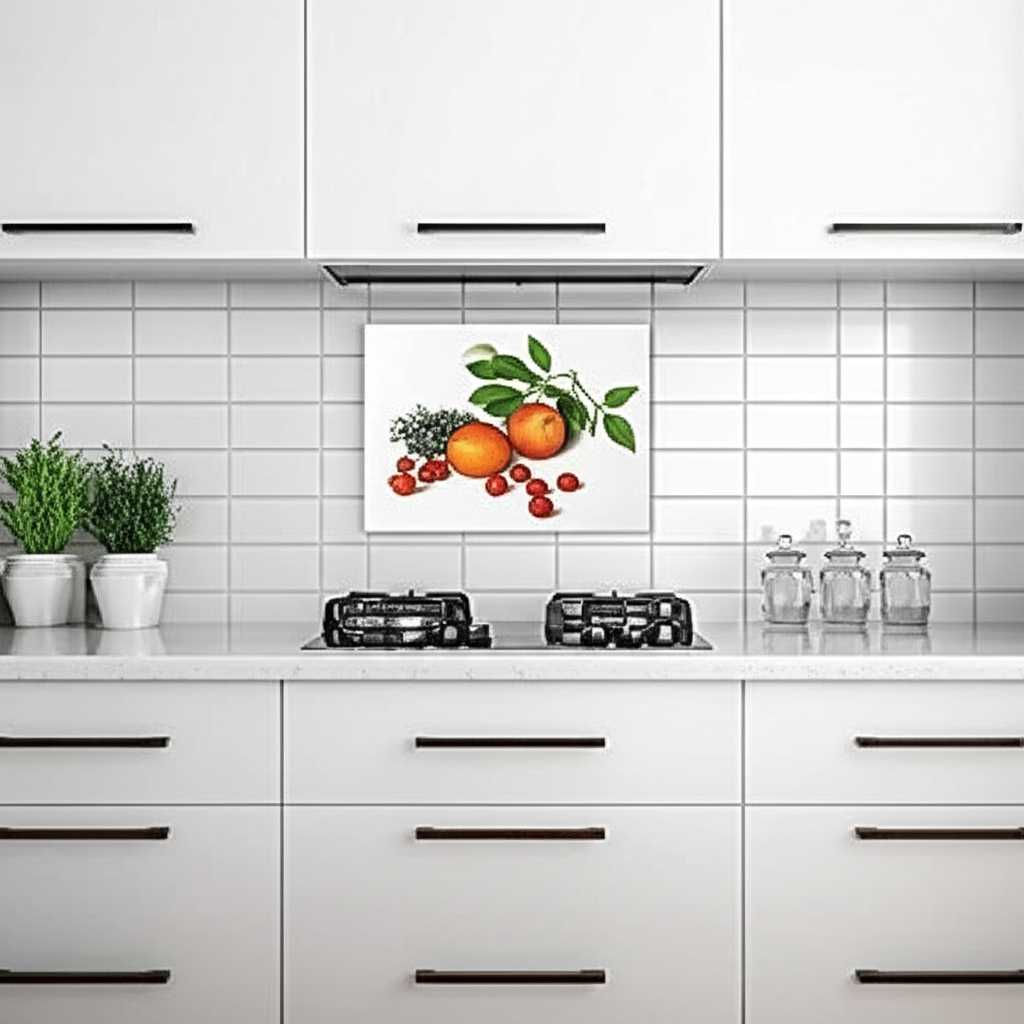 A stylish, modern kitchen with a small, vibrant metal print of botanical art adding a fresh touch to a tiled backsplash area away from direct water.