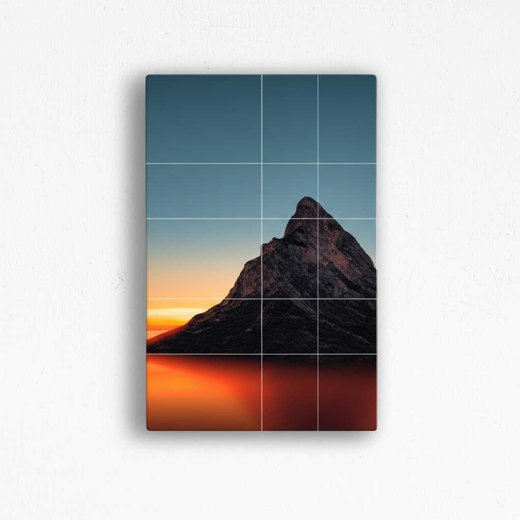 A diagram illustrating the Rule of Thirds overlaid on a wall with a single, striking metal print placed off-center.