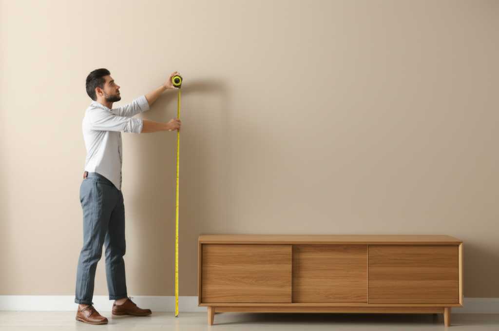 A person thoughtfully holding a measuring tape against a large, empty wall in a stylishly decorated room, visualizing the placement of art.