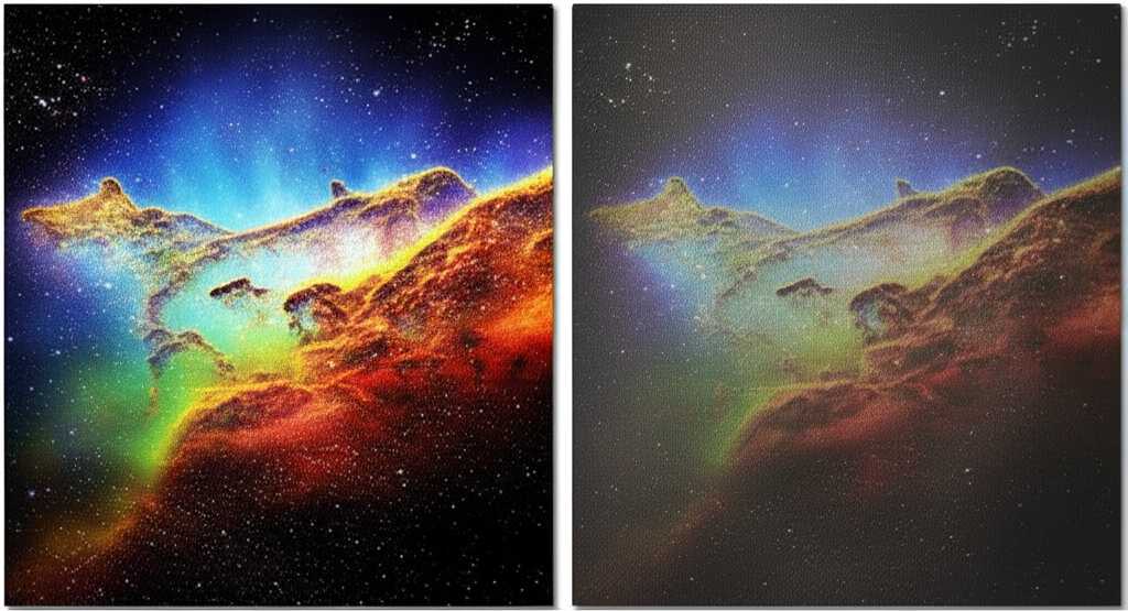 Side-by-side comparison of a vibrant, glossy metal print and a matte canvas print of the same image, with light hitting both.