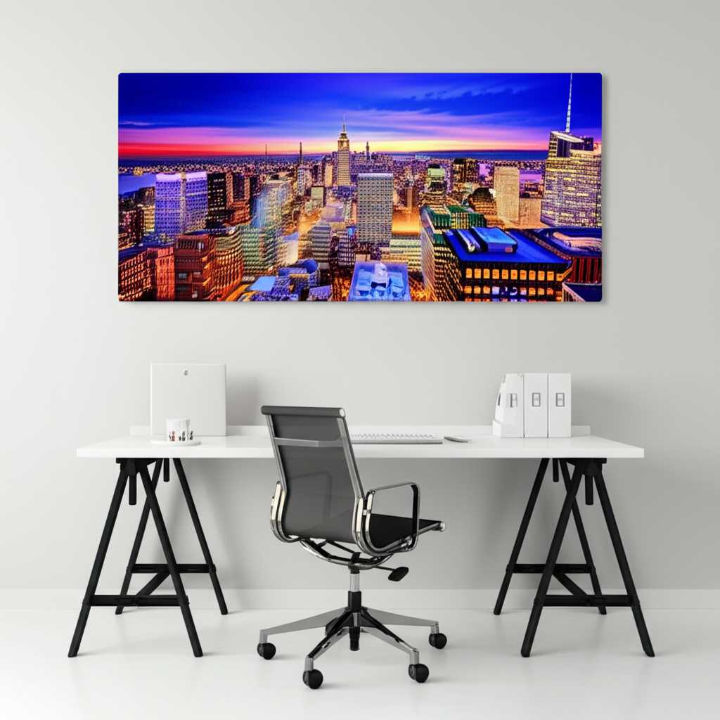 Well-appointed home office with a sleek metal print of an inspiring cityscape or abstract design on the wall behind the desk.