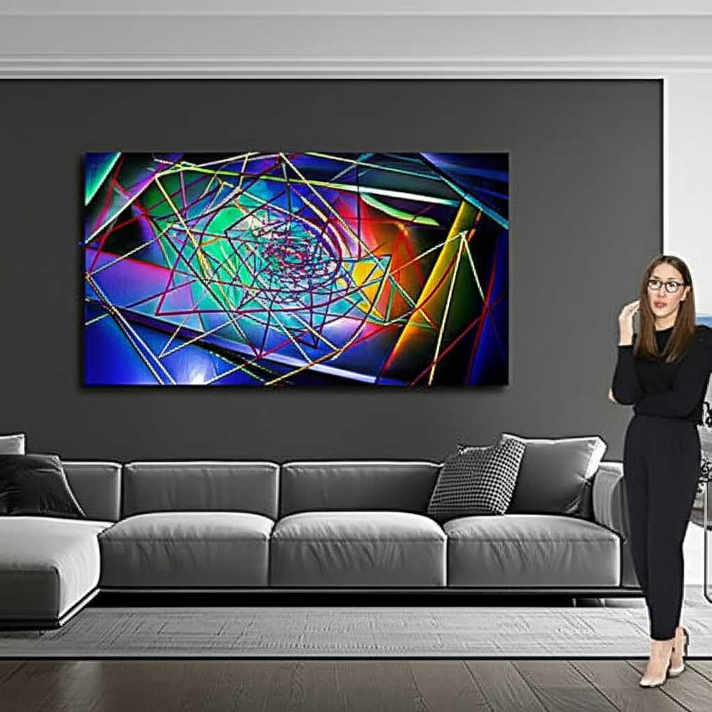 A person standing in a modern, stylish living room, looking contemplatively at a large metal art print hung slightly too high above a minimalist sofa, creating a subtle visual disconnect.
