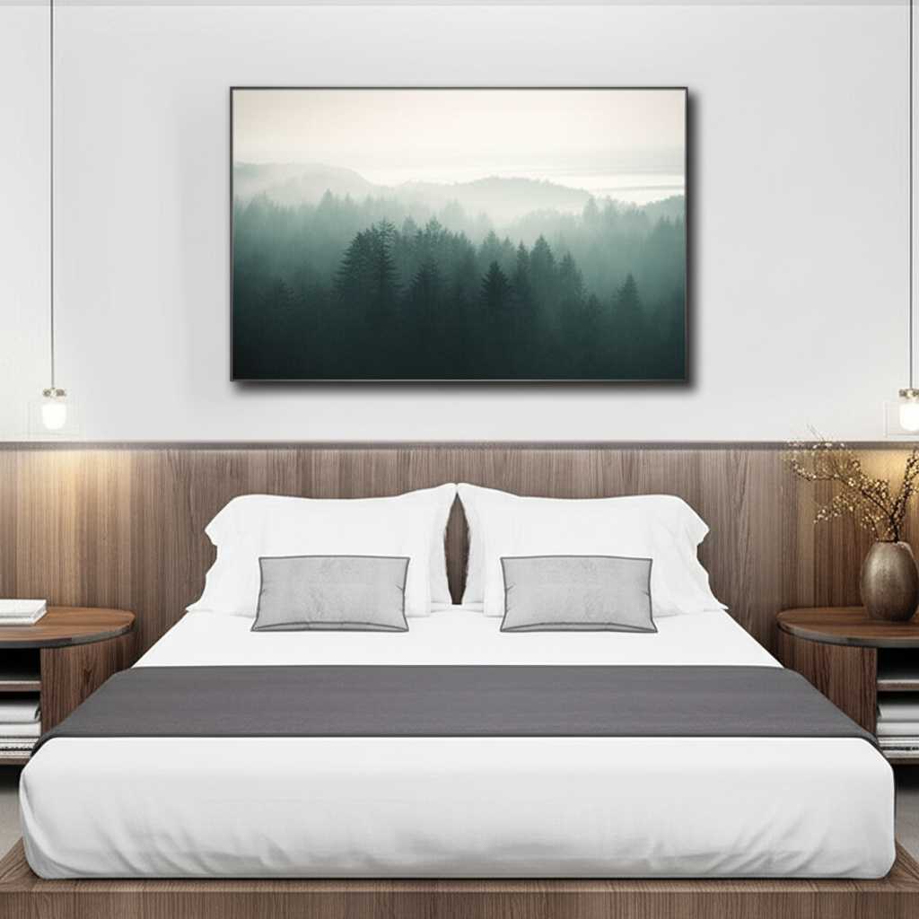 Calm and serene bedroom with a nature-themed metal art piece above the bed