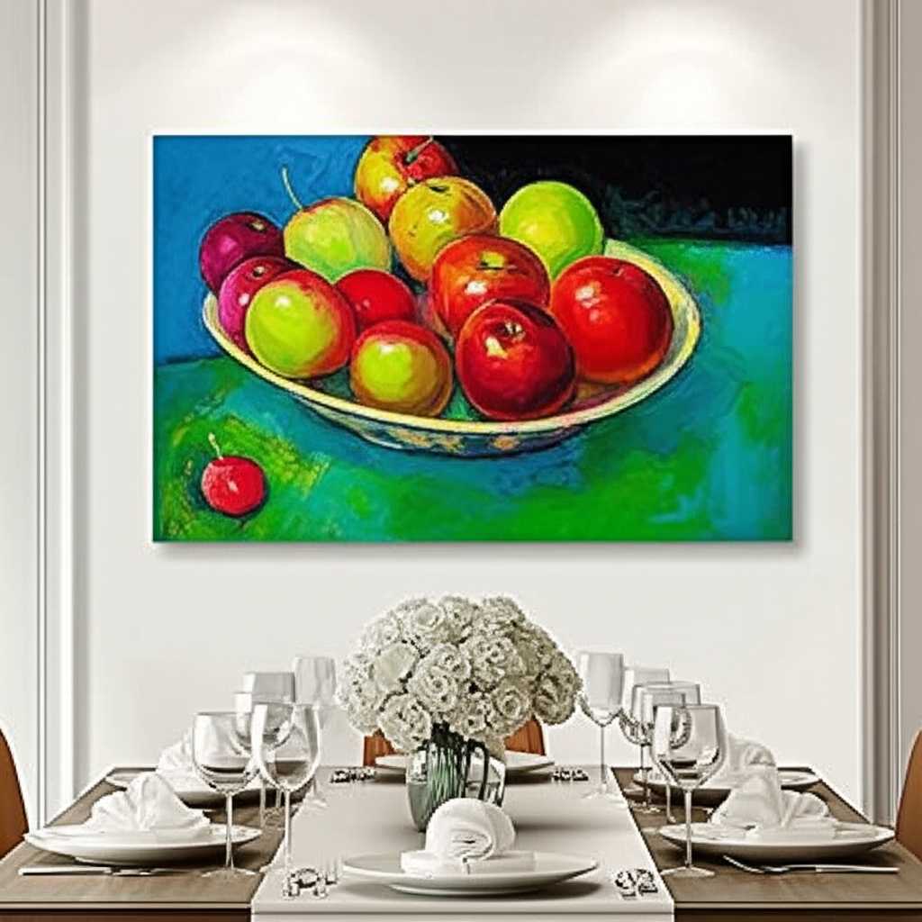 Sophisticated dining room with an Impressionist still life on a metal print