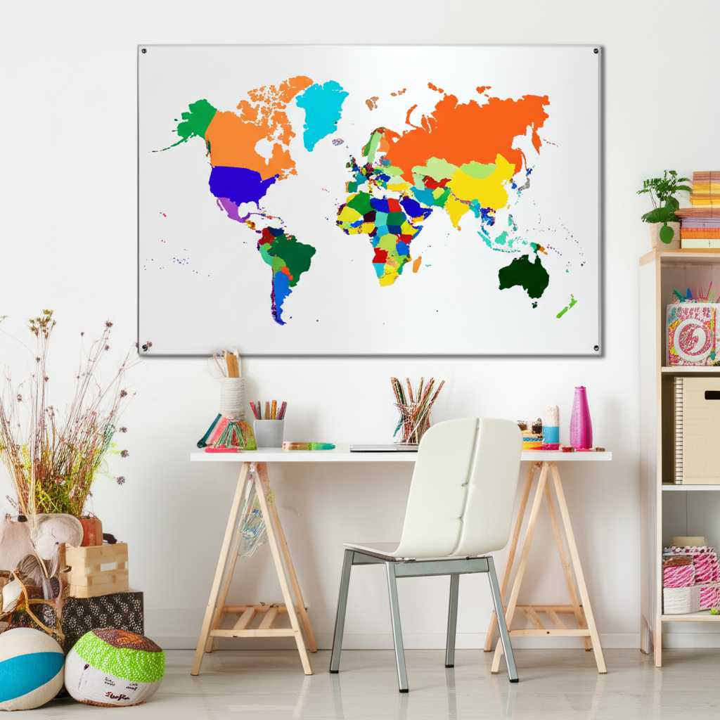 Stylized world map as metal wall art in a modern home office or study area