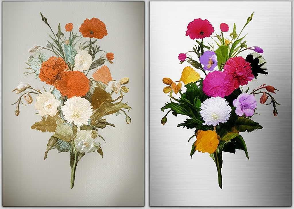 Conceptual diptych: left side shows a generic Impressionist floral still life on a traditional canvas texture, slightly muted. Right side shows the same artwork on a sleek metal surface, appearing more vibrant, with subtle highlights suggesting a glossy finish and faint texture. Neutral background.