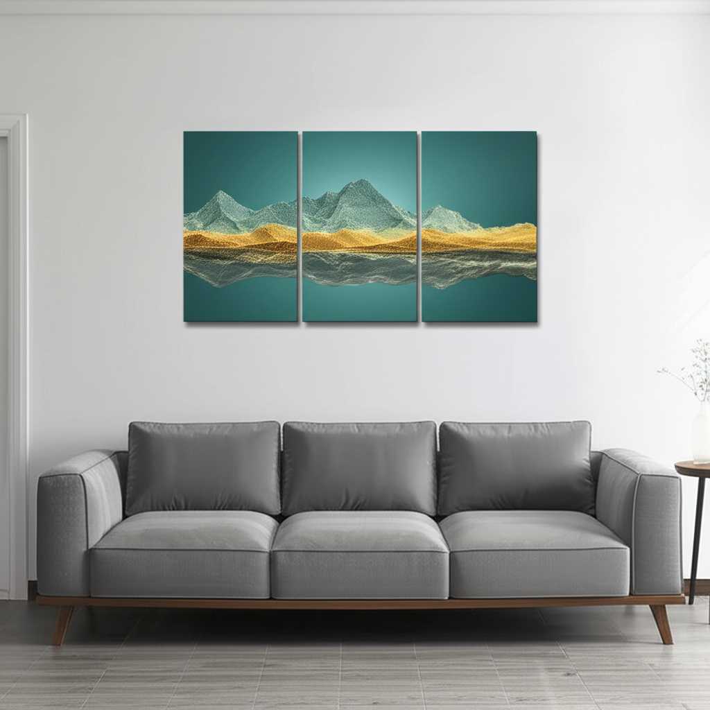 A beautifully curated living room wall featuring a perfectly spaced trio of metal art prints above a sleek, modern sofa.