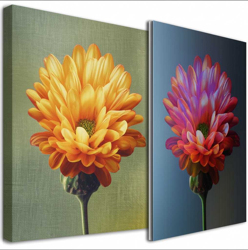 A split-screen style image showing a canvas print on the left and a metal print on the right, highlighting the visual differences.