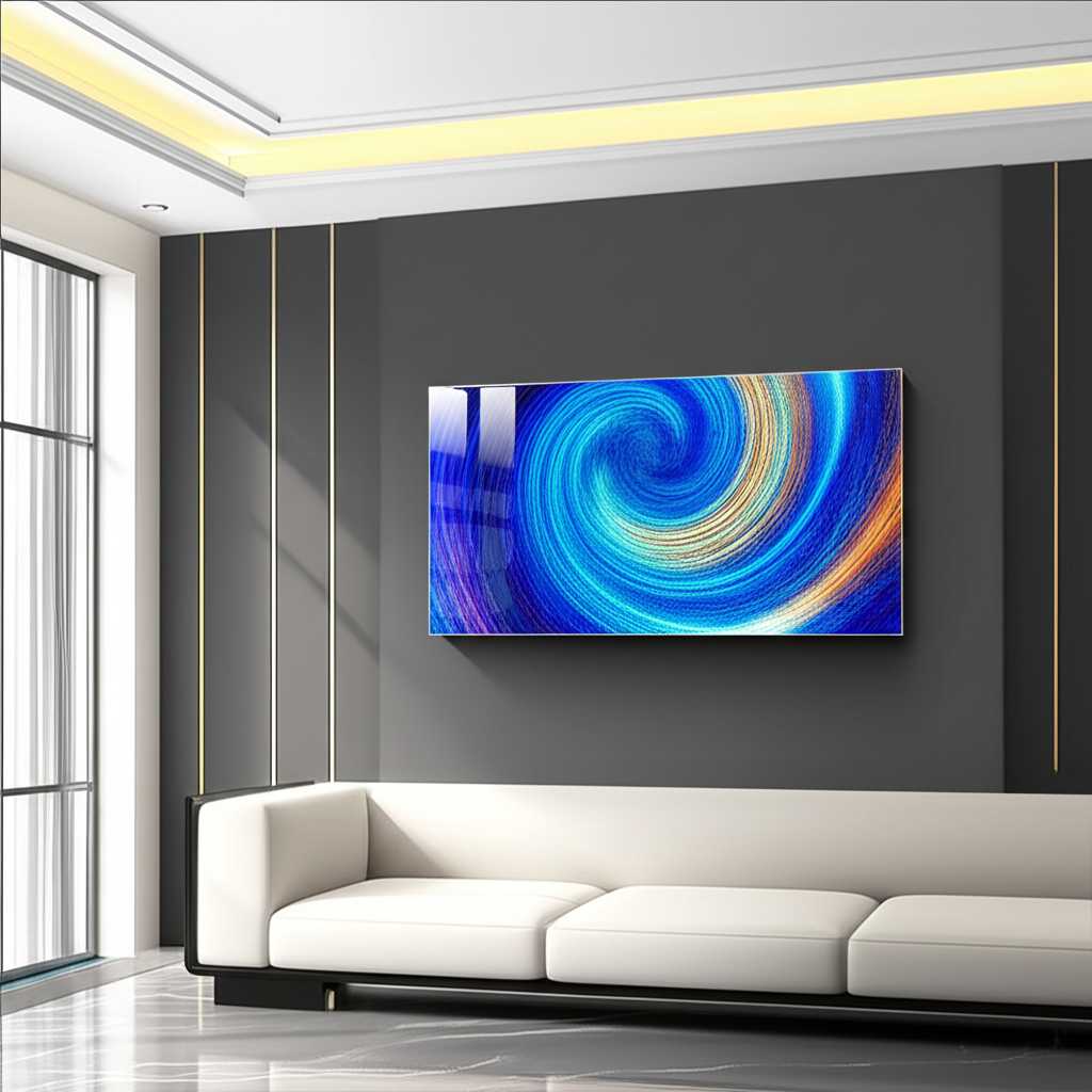 A stunning living room with a large, vibrant abstract metal art print hanging perfectly centered above a sleek, modern sofa. Sunlight streams in, catching the glossy surface of the art.