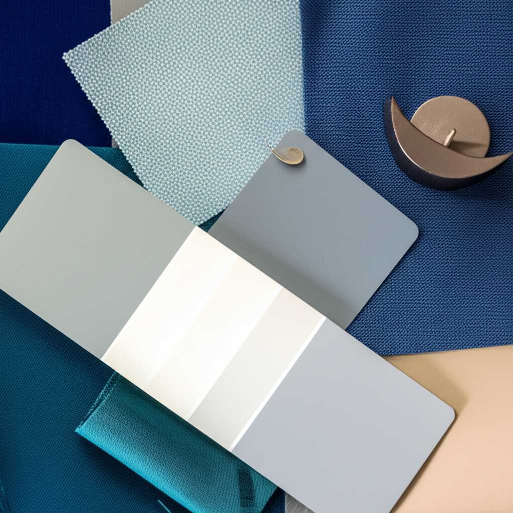A sophisticated mood board showcasing harmonious color palettes for home decor, with fabric swatches, paint chips, and a small, generic metallic art piece subtly integrated to suggest color vibrancy.