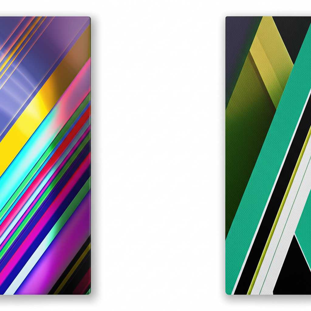 Side-by-side conceptual comparison: on one side, a generic metal print with sharp details and vibrant colors; on the other, a generic canvas print with softer tones and visible canvas texture. Abstract art style used.