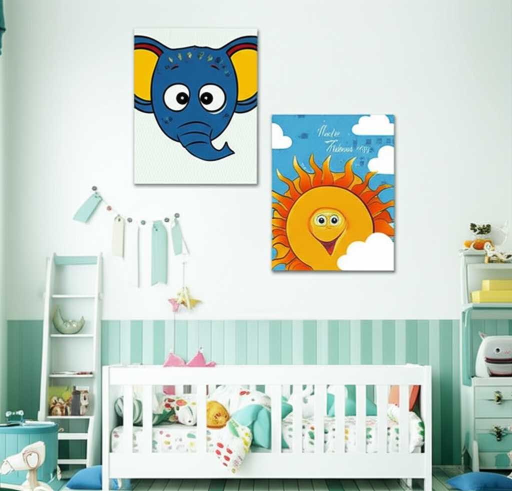 A playful and colorful children's room with animal-themed metal art securely mounted high on the wall, purely for decoration.