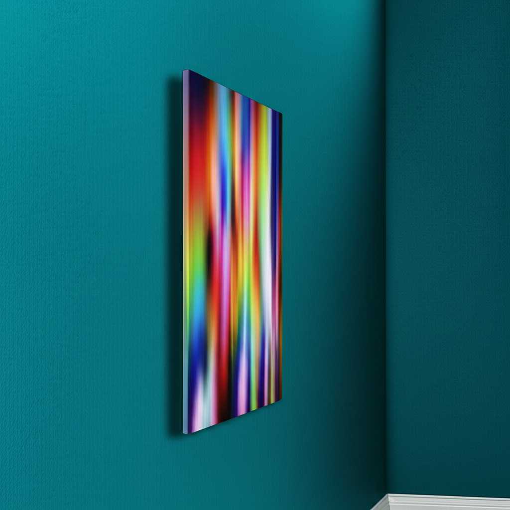 Side-angle view of a metal print floating slightly off a beautifully painted wall, with hidden mounting hardware, emphasizing a clean, modern look.