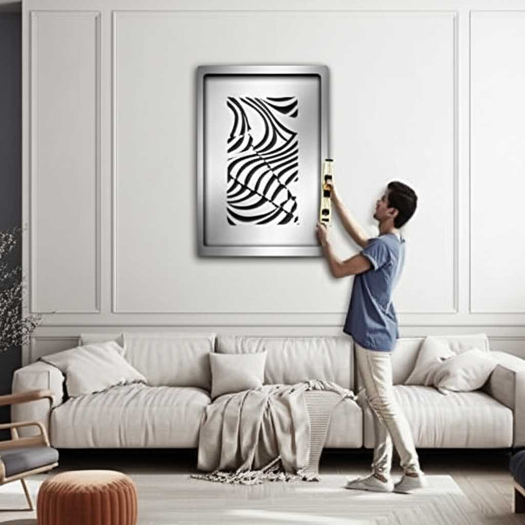 Person carefully planning the placement of metal wall art in a living room