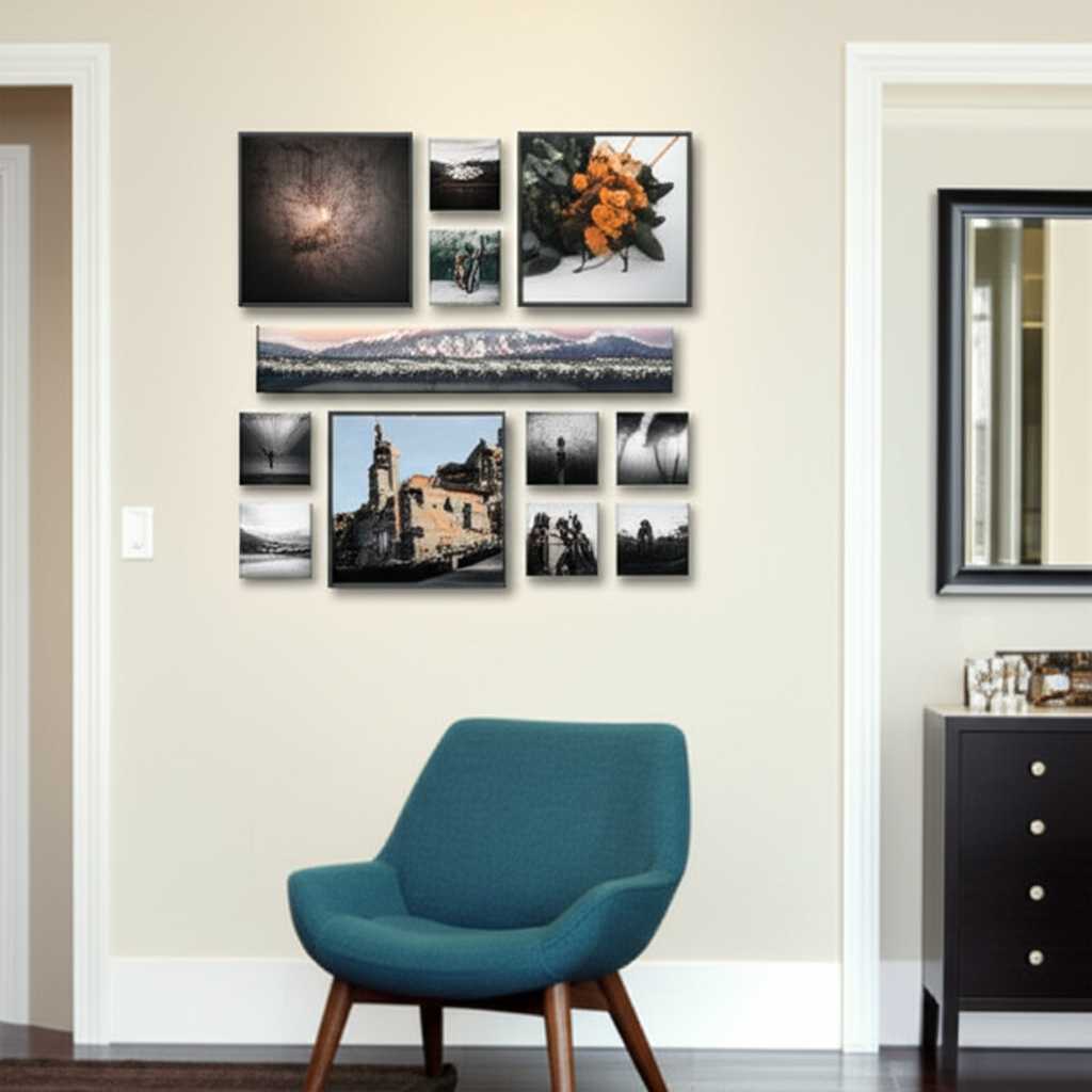 A stylish, narrow entryway featuring a perfectly aligned gallery wall of family photos printed on sleek metal. The arrangement draws the eye inward and makes the space feel organized and welcoming.