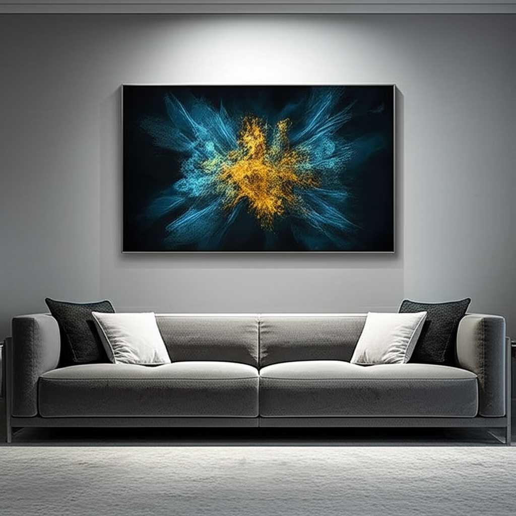 A stunning, wide shot of a modern minimalist living room with a large, vibrant abstract metal print perfectly hung above a sleek sofa, with dramatic lighting highlighting its glossy surface.