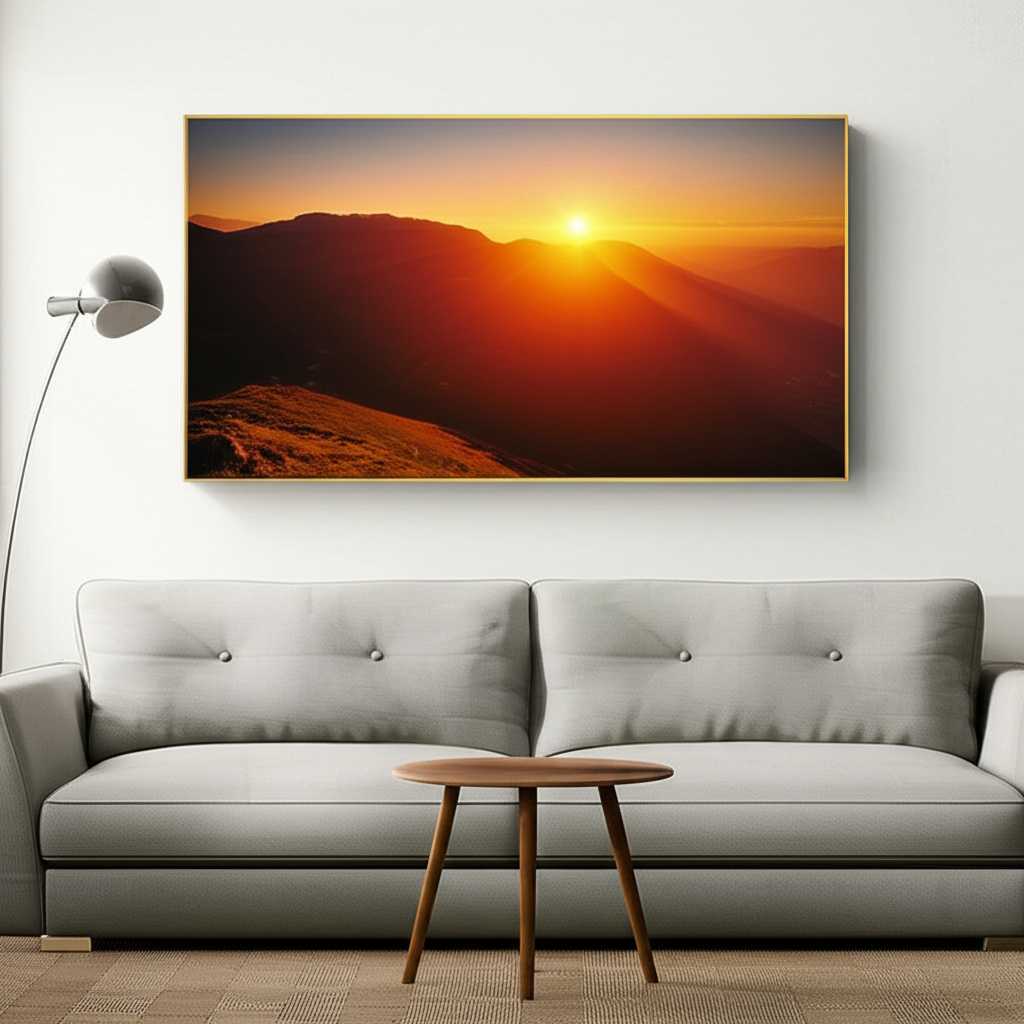 A chic living room with a comfortable grey sectional sofa. Above the sofa hangs a large triptych metal art piece depicting a vibrant, abstract cityscape at dusk, with shades of deep blue, orange, and purple.