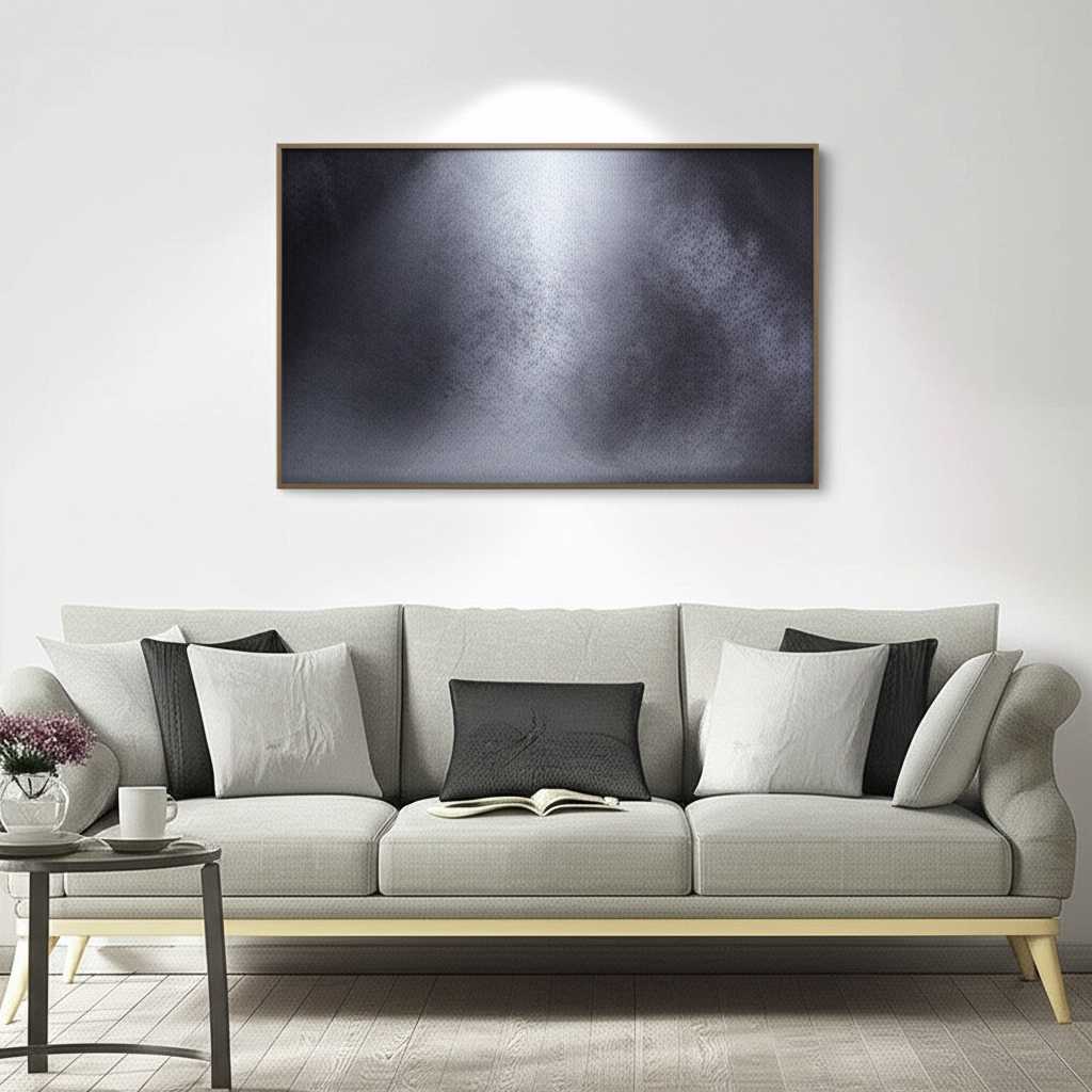 A beautifully lit, contemporary living room where a large abstract metal art piece hangs above a sofa, acting as a stunning focal point. Soft directional light highlights its texture and sheen.